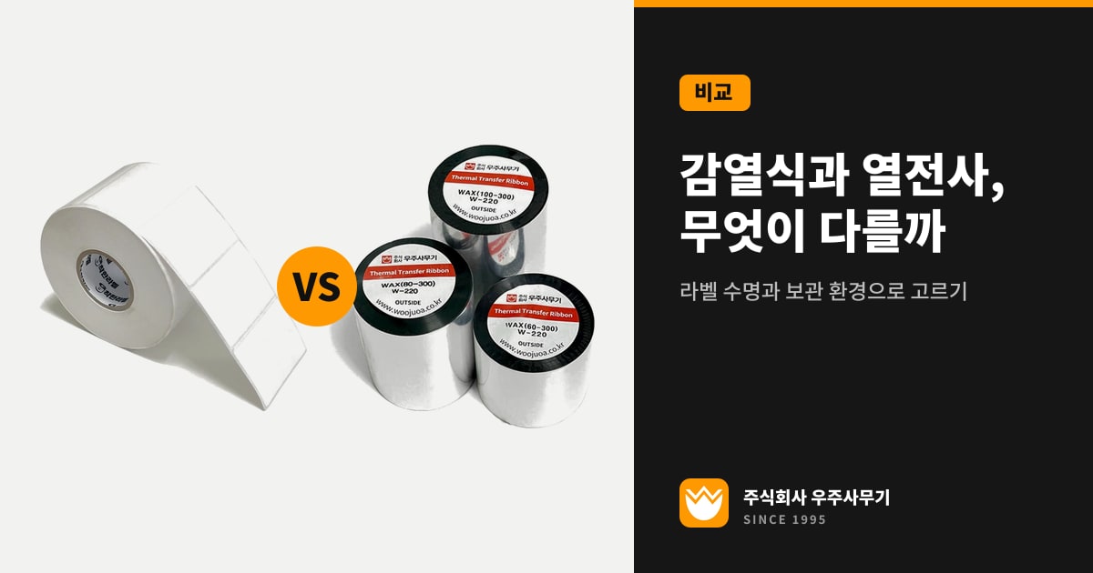 감열 라벨 롤과 우주사무기 왁스 리본 롤을 나란히 놓은 제품 사진